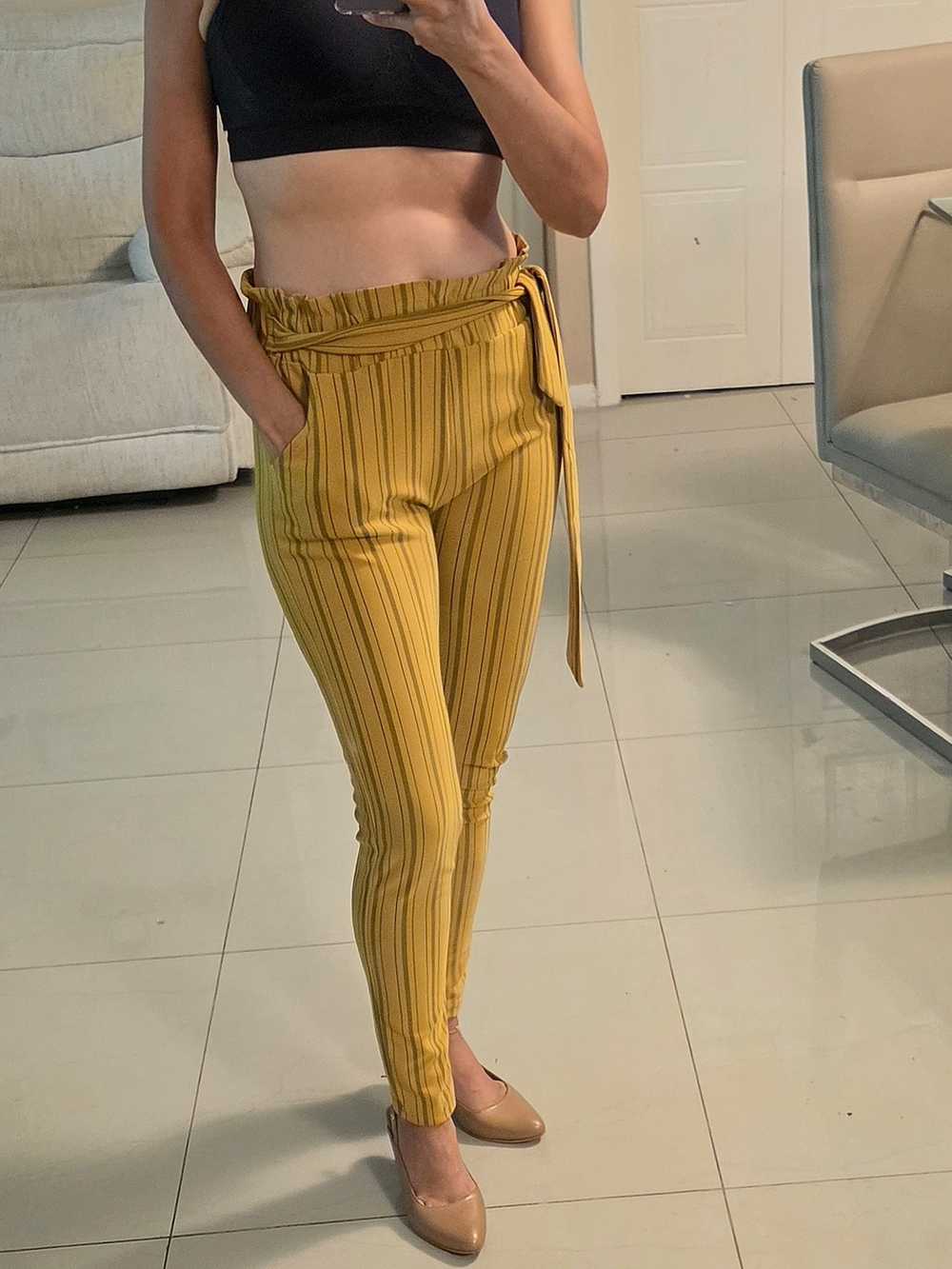 High-Waist Paperbag Tie-Waist Pants - Mustard Striped